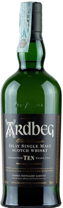 Fronte Ardbeg Islay Single Malt Scotch Whisky 10 Anni 