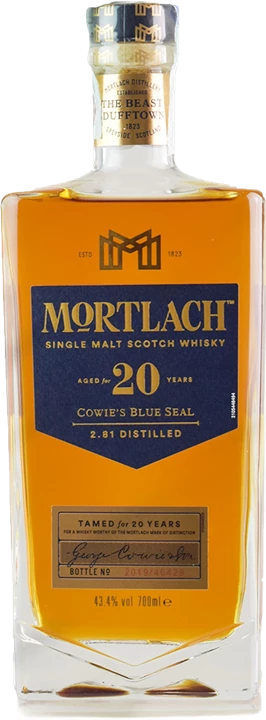 Fronte Mortlach Single Malt Scotch Whisky Cowie's Blue Seal 20 Anni