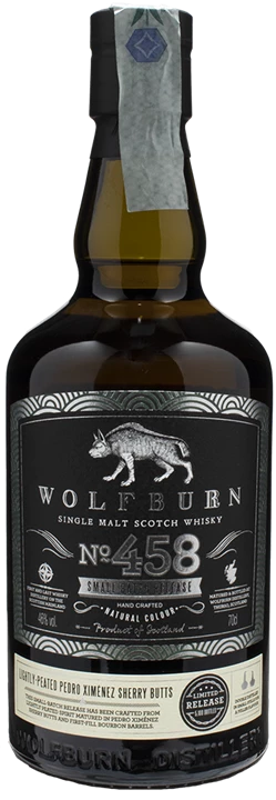 Vorderseite Wolfburn Single Malt Scotch Whisky 458 Small Batch Release Lightly-Peated Px Sherry Butts 0,7L