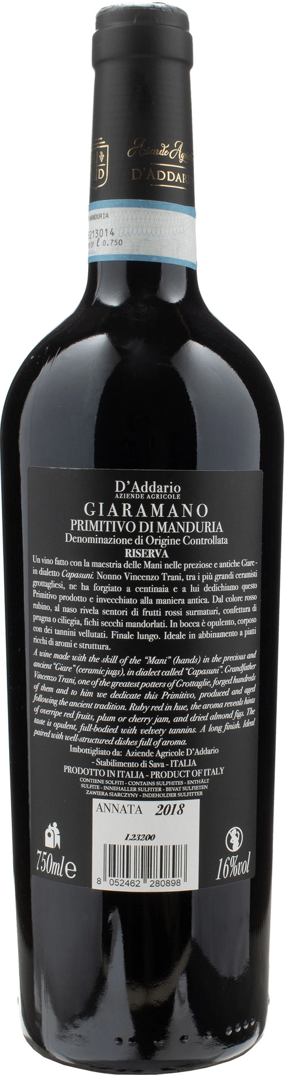 D'addario primitivo di manduria giaramano riserva 2018 - xtrawine.com